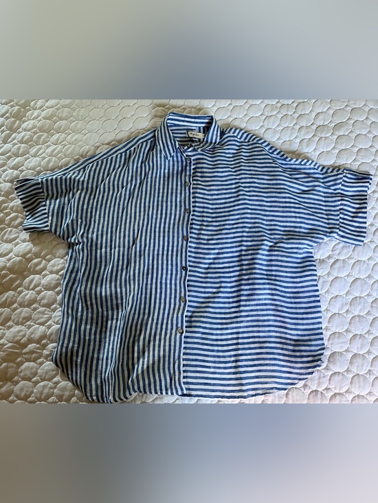 Magic Linen Tops - Magic Linen L/XL Cobalt Blue Oversized Striped Linen Shirt
